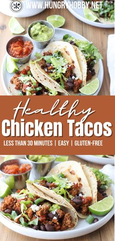 chicken tacos on a plate with salsa and guacamole