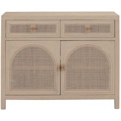 the sideboard is made from wood and has two wicker doors, one with an oval