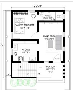 a floor plan for a small house with two rooms and an attached kitchen area in the middle