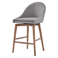 an upholstered bar stool with wooden legs and grey fabric seat pad, viewed from the front