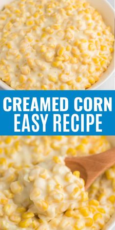 a bowl filled with creamed corn and topped with a wooden spoon