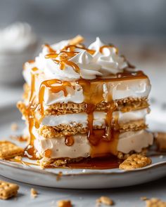 a piece of cake with marshmallows and caramel drizzle on top