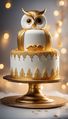 the cake is decorated with gold and white frosting, an owl figurine on top