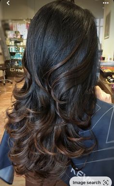 Medium Length Waterfall Layers, Brown Boliage Hair On Black Hair, What To Dye Black Hair, Half Highlights Black Hair, Cute Hair Cuts For Dark Brown Hair, Espresso Highlights On Black Hair, Medium Brown Highlights On Dark Hair, Fall2023 Hair, Auburn Highlights On Black Hair