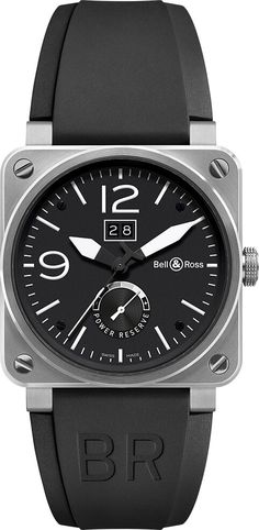 BR0390-BL-ST | BR-03-90-GRANDE-DATE-RESERVE-DE-MARCHE BELL & ROSS BR03-90 AUTOMATIC WATCH - Free Overnight Shipping - With Manufacturer Serial Numbers - Swiss Made - Black Dial - Arabic Numeral 12, 9 & Index Hour Markers - Brushed with Polished Stainless Steel Bezel - Date Feature     Big Date Displayed at 12 O'Clock - Power Reserve Indicator Displayed at 6 O'Clock - 42 Hour Power Reserve - Self-winding Automatic Movement - ETA Caliber 2892-A2 - Vibrations Per Hour: 28,800 - Jewels: 28 - 3 Year Warranty - Guaranteed Authentic - Certificate of Authenticity - Manufacturer Box & Manual - Brushed with Polished Stainless Steel Case - Black Rubber Strap - Scratch Resistant Sapphire Crystal - 100 Meters / 330 Feet Water-Resistant - 42mm x 42mm = 1 5/8" x 1 5/8" Case, 7" Adjustable Strap - Case Th Bell And Ross, Mens Fashion Sneakers, Design Sneakers, Bell Ross, Bell & Ross, Wrist Candy, Fashion Culture, Telling Time, Sport Watches