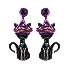 pair of beaded black cat earrings with purple and blue beads on white background, front view