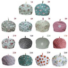 many different types of baby hats are shown in this image, including one with flowers on it