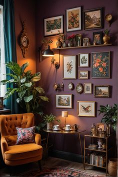 a living room filled with furniture and lots of pictures on the wall next to a window