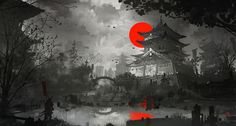 ArtStation - Osaka Castle concept 2h, Zudarts Lee Red Sunset, Blood Red, Osaka, The Sky, Black And White, Water, Red, Anime, White