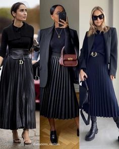 Pleated Long Black Skirt Outfit, Black Maxi Pleated Skirt Outfit, Long Leather Pleated Skirt Outfit, Skirt Outfits Pleated, Long Black Pleated Skirt Outfit Winter, Black Satin Pleated Skirt Outfit, Black Aline Skirt Outfits, Pleated Skirt Office Outfit, Black Accordion Skirt Outfit