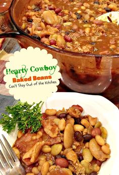 a bowl filled with beans and meat next to a white plate full of food on top of a table