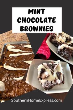 chocolate brownies with white frosting on top and the words, mint chocolate brownies