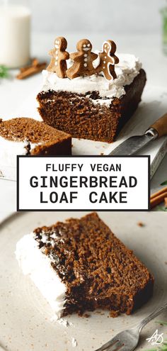 a slice of fluffy vegan gingerbread loaf cake on a plate