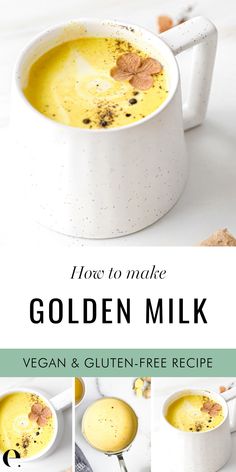 a collage of photos showing how to make golden milk soup in a white bowl