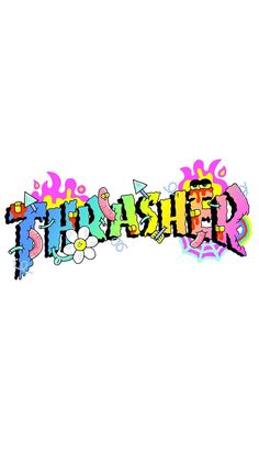 the word thrash written in different colors and shapes on a white background with colorful sprinkles