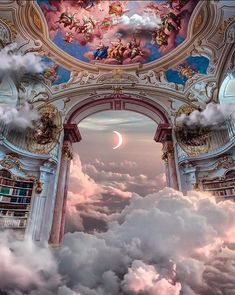 an arch in the sky with clouds surrounding it and a half moon visible above them