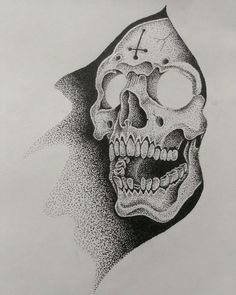 a black and white drawing of a skull with a cross on it's forehead