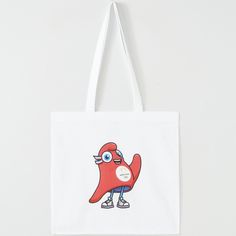 a white bag with a red cartoon character on the front and bottom, featuring an emoticive expression