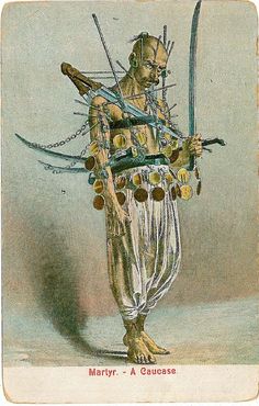 a drawing of a man with two swords and many other items on his back legs