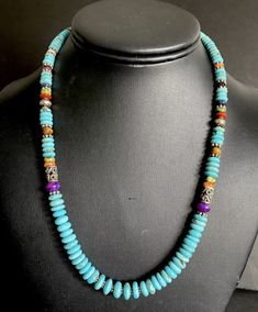 Sterling Silver Turquoise Multi Stone Bead Necklace. 18 inch Artisan Blue Turquoise Necklace With Colorful Beads, Hand-strung Turquoise Necklaces With Round Beads, Blue Turquoise Necklace With Colorful Round Beads, Blue Turquoise Necklace With Colorful Beads, Turquoise Necklace With Oval Beads And Single Strand, Turquoise Rondelle Beaded Necklace Single Strand, Southwestern Turquoise Necklace With Gemstone Beads, Southwestern Turquoise Beaded Necklaces With Round Beads, Southwestern Turquoise Necklace With Polished Beads