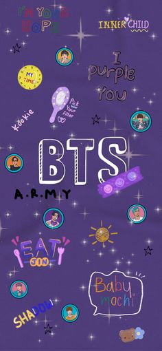 the words bts are surrounded by many different stickers on purple paper, and there is also an image of children's faces