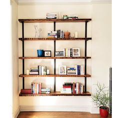 Modern farmhouse bookshelf reclaimed pine shelves metal wall bracket 72x72 Vault Furniture Standalone Bookshelf, Modern Wall Shelving, Wood Bookshelf Wall, Modern Shelf Design, Aesthetic Farmhouse, Wall Mounted Shelving, Wall Mounted Shelving Unit, Loft Boho, Wood Storage Shelves