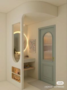 an open door leading to a bathroom with a sink and mirror on the wall next to it