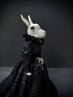 a white rabbit in a black dress