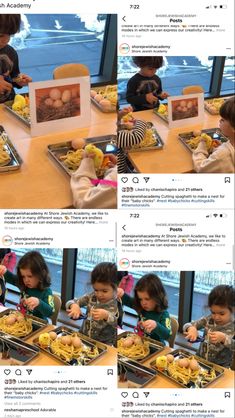 two pictures of children eating food at a table