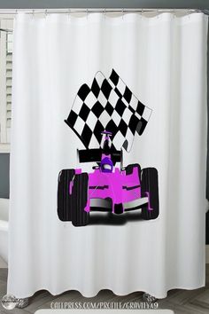 a pink race car with a checkered flag on it's back shower curtain