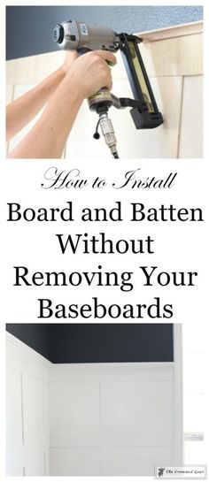 A Step by Step Guide to Board and Batten Installation - The Crowned Goat Black Board And Batten Half Wall Bedroom, Entry Hallway Board And Batten, Diy Board And Batten Wall With Existing Baseboard, Board And Batten Wall Without Removing Baseboards, Installing Board And Batten Wall, Board And Batten Meets Baseboard, Full Wall Board And Batten Bathroom, Bathrooms With Board And Batten Walls, Board And Batten On Stairs