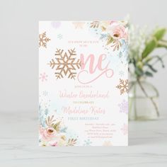 a pink and gold snowflake birthday party card