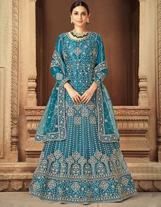 Sky Blue Anarkali style Anarkali Semi-Stitched Suits Sky Blue Anarkali, Net Anarkali Dresses, Latest Traditional Dresses, Blue Anarkali, Long Anarkali, Modest Evening Dress, Turquoise Fabric, Indian Sarees Online, Readymade Saree