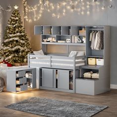 a child's bedroom with a loft bed, desk and storage space for toys