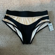 New With A Tag Beige Beachwear Bottoms For Pool, Beige High Waist Stretch Swimwear, Stretch Beige Bottoms For Poolside, Beige Brief Swimwear For Summer, Black Cream, High Waisted, Mesh, Womens Shorts, Cream