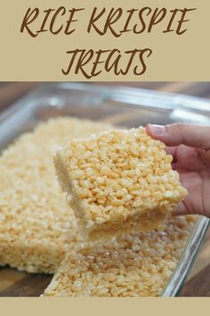 rice krispy treats in a glass dish with text overlay