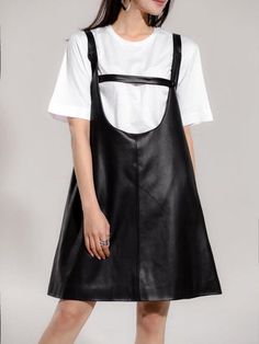 Silky, lightweight and minimal reversible leather look dress with luxe glossy finish. Loose fit with natural... Bib Dress, Leather Dress, Model Height, Slip Dress, Cut Out, Summer Outfits, Loose Fitting, Hand Wash, Style Inspiration