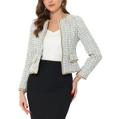 Retro and elegant, this blazer style with shiny decor and plaid tweed fabric. This retro blazer designed with collarless and flap pocket, adds a touch of elegance to your wardrobe. A shiny decor and plaid tweed fabric add ebullient charm to this retro blazer. Pretty up your look with this short tweed blazer. Perfectly pair with formal midi skirts or long pants for a vintage and elegant look. Perfect For Christmas Days, Prom Costume, Themed Parties and Cosplay. Measurement (in inches) Size------- Formal Midi Skirt, Womens Tweed, Blazer White, Blazer Designs, Vintage Blazer, Tweed Fabric, Blazer And Shorts, Womens Blazers, Tweed Blazer