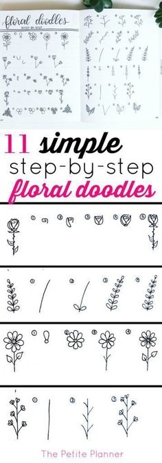 the steps to flower doodles are shown with flowers and leaves on top of them