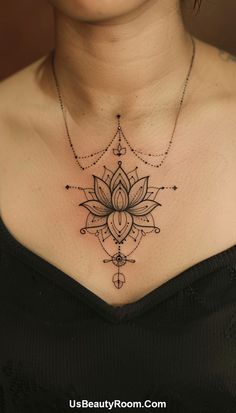 A symmetrical lotus design with intricate patterns, perfect for those seeking balance and harmony in their tattoo. Tattoos Chest Female, Small Chest Tattoo, Chest Tattoo Ideas, Small Chest Tattoos, Stylish Tattoo, Small Girl Tattoos, Delicate Tattoo, Aesthetic Tattoo, Chest Tattoo