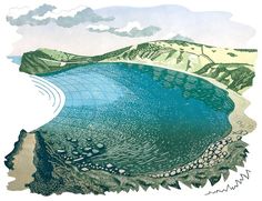 a drawing of a lake with mountains in the background and water running down it's sides