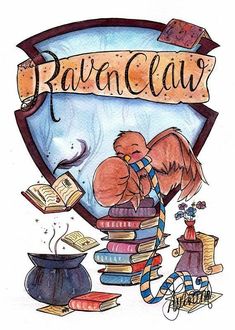 the raven claw logo is surrounded by books and an owl sitting on top of it