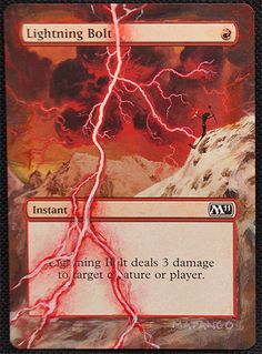 a card with a lightning bolt in the middle of it, on top of a mountain