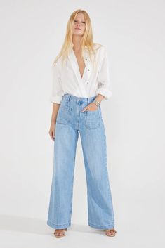 High-rise 70's inspired wide leg jean from sustainable denim brand Etica Tencel Pants, Biodegradable Materials, High Rise Wide Leg Jeans, Cellulose Fiber, Vegan Clothing, One Clothing, Cute Crop Tops, Denim Branding, Social Responsibility