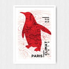 a red and black penguin with the words paris on it