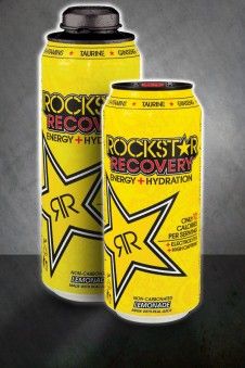 two cans of rock star recovery energy and hydration drink on a black background with the text rockstar recovery