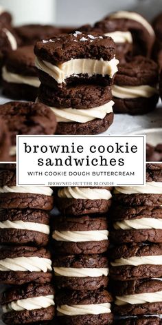 brownie cookie sandwiches with white chocolate buttercream are stacked on top of each other