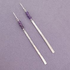 Long Bar Earrings, Silver Bar Earrings, Amethyst Beads, Bar Earrings, Etsy Earrings Dangle, Earrings Sterling Silver