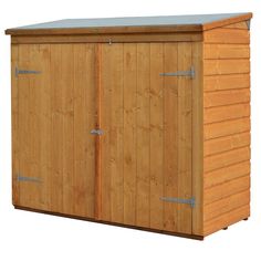 a wooden storage shed with two doors and one door open on the side, isolated against a white background