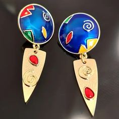 Women's Earrings - New Gold With Synthetic Ruby Inlay Blue Abstract Design Ships Within One Business Day Bundle And Save On Shipping Unique Blue Metal Earrings, Blue Metal Clip-on Earrings, Blue Metal Drop Clip-on Earrings, Retro Abstract, Blue Abstract, Blue Gold, Abstract Design, New Color, Women's Earrings